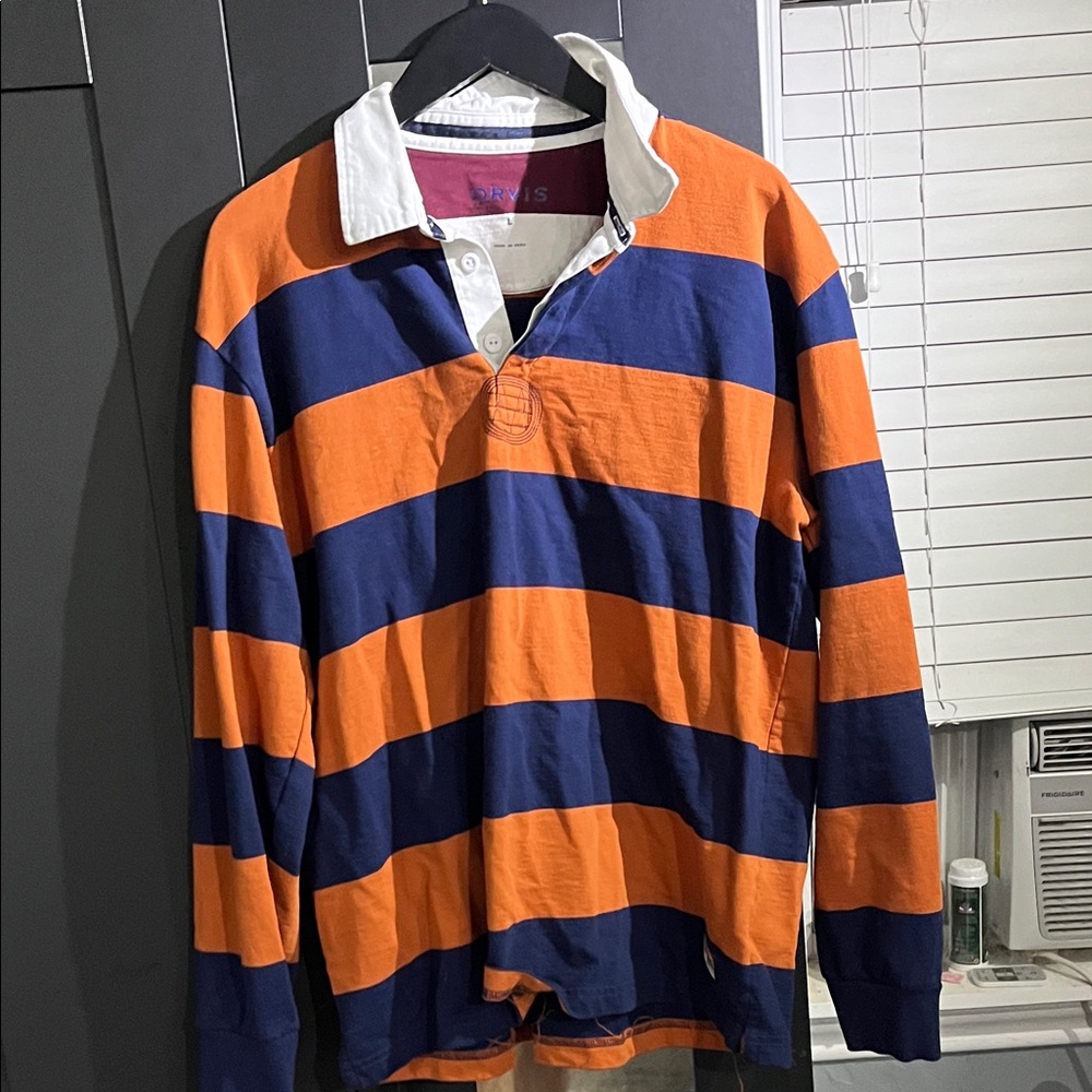 Orvis Orange and Blue Striped Button Down Shirt